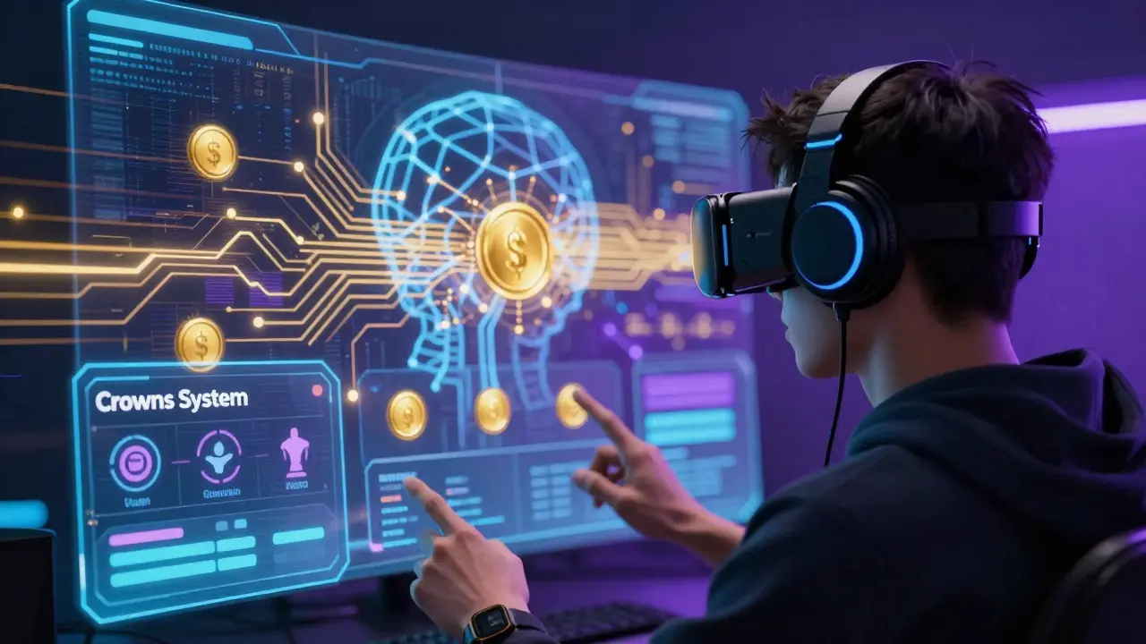 VR gamer earning CWS tokens through gameplay in neon sci-fi setting
