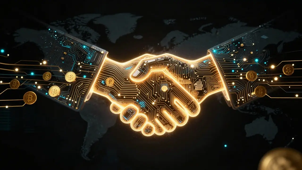 Abstract cyberpunk visualization of automated smart contract payments
