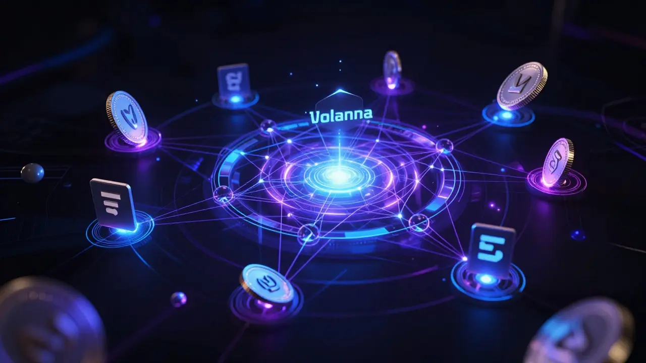 Abstract cyberpunk visualization of blockchain token network