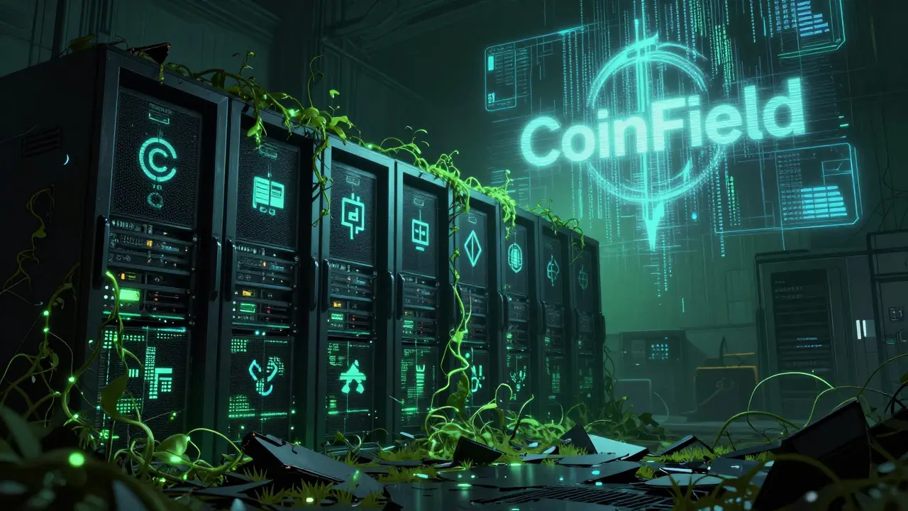 Broken server rack in digital graveyard representing crypto scam