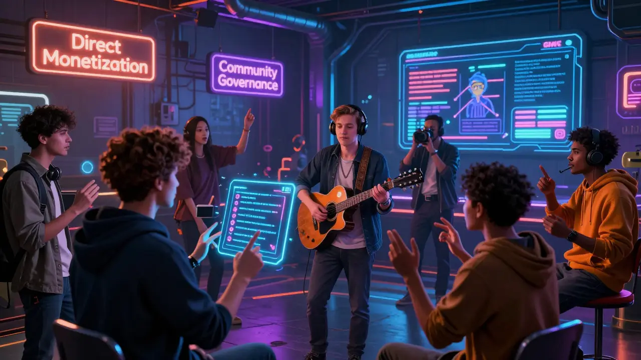 Creators and fans interacting in a virtual cyberpunk metaverse with holographic UI