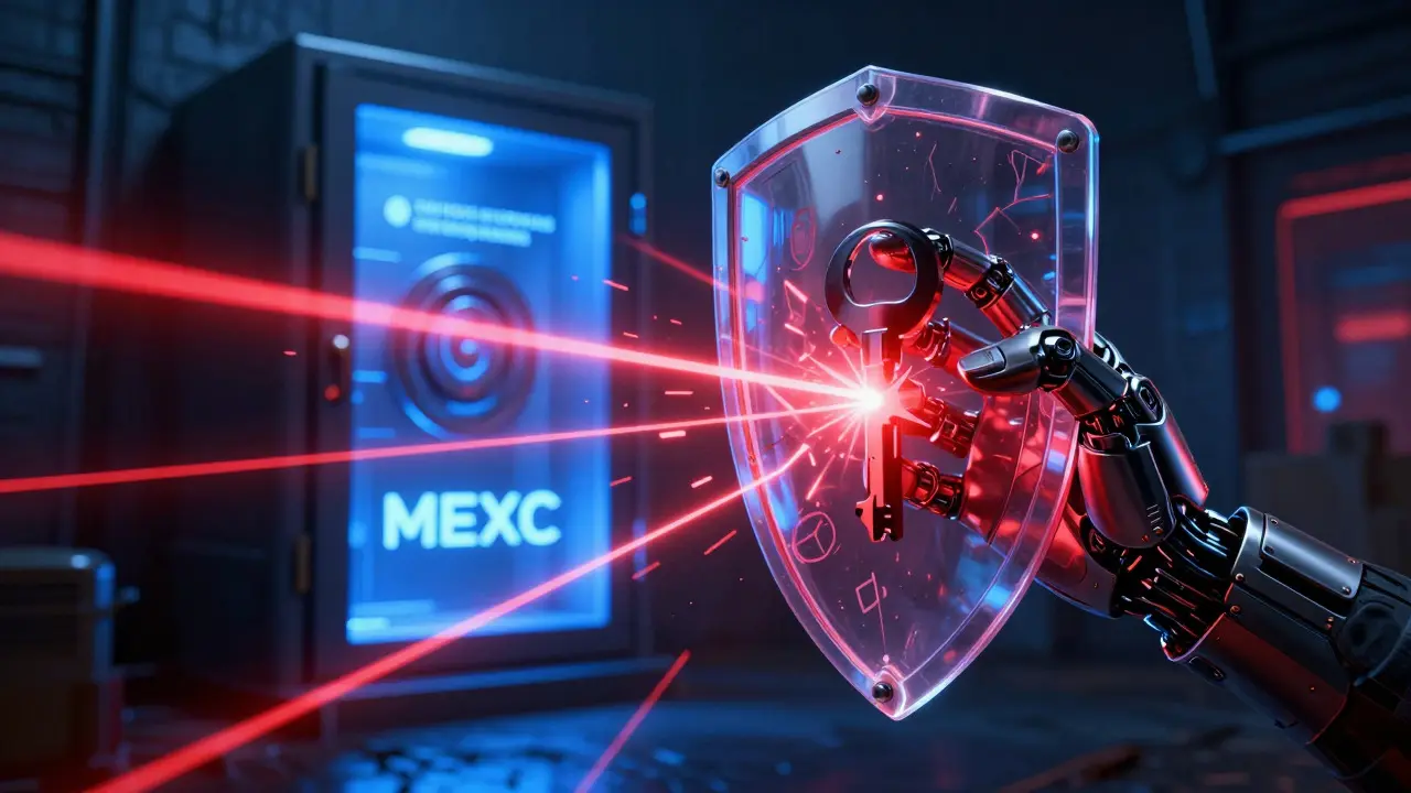 Cybernetic hand holding shield against red phishing lasers