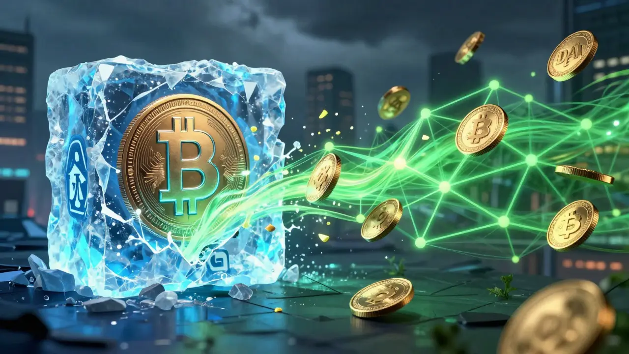 Cyberpunk art showing USDT freezing while DAI flows freely on blockchain