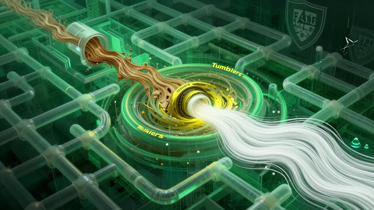 Cyberpunk visualization of crypto mixers laundering dirty money into clean streams