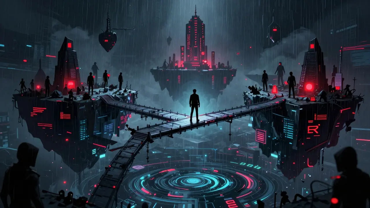 Digital avatar crossing a glitching bridge amidst cyber threats and hackers