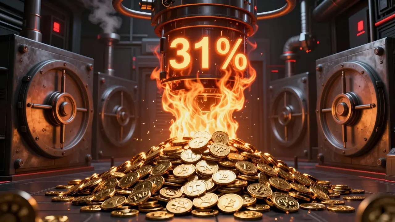 Digital coins being burned in a futuristic incinerator
