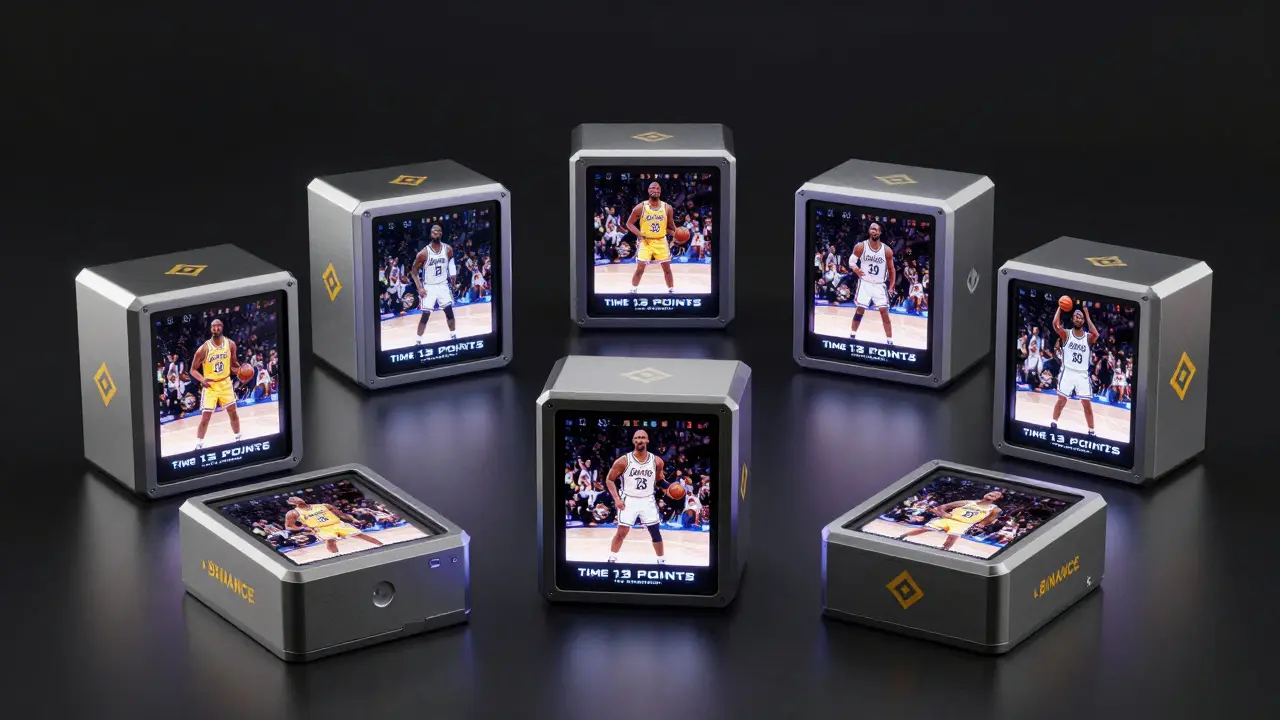 Digital concept art showing the ARCHE x Tracy McGrady NFT blind boxes as high-tech cyberpunk collectibles with glowing interfaces.