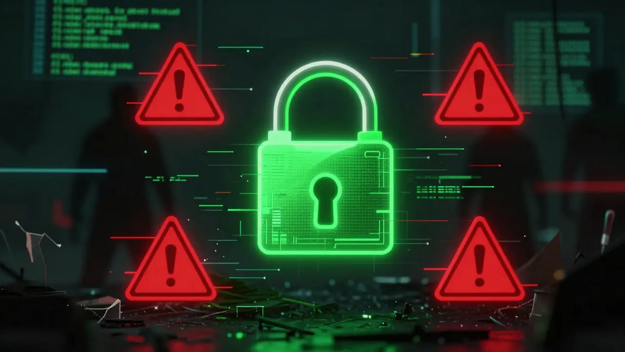 Digital padlock protecting crypto wallet from red glitchy scam threats in cyberpunk style