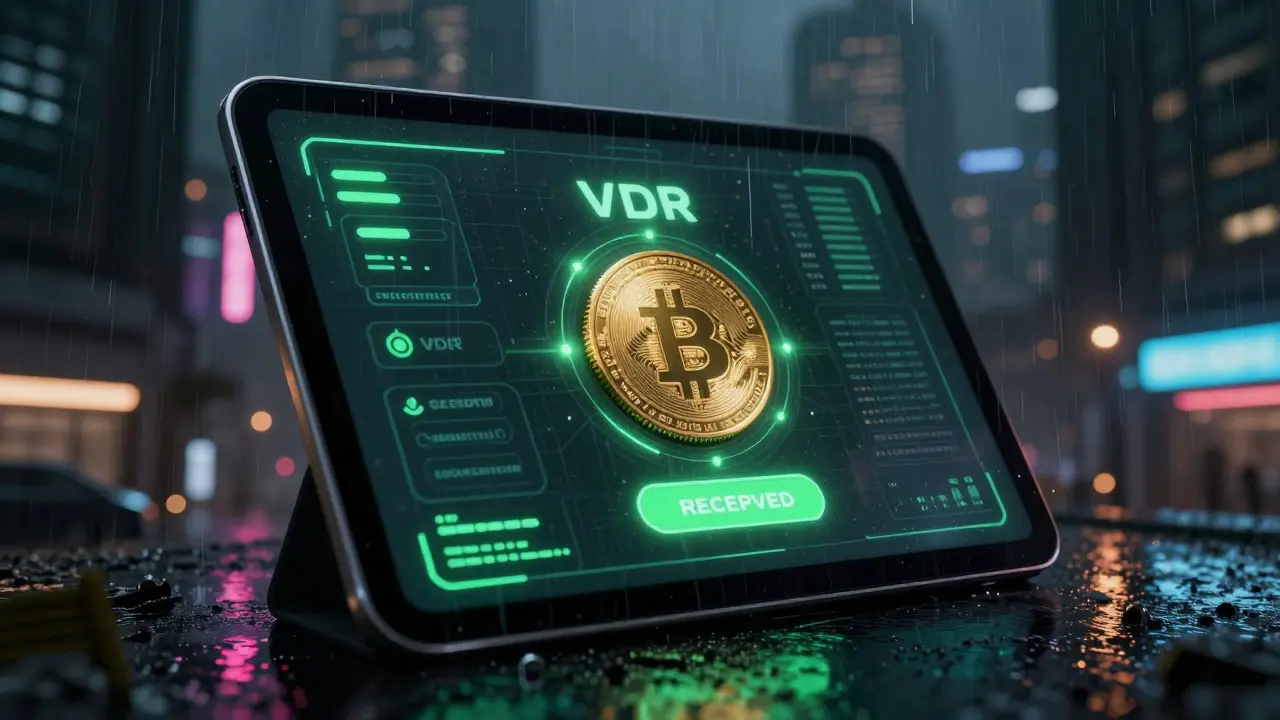 Digital wallet receiving crypto tokens in neon city setting