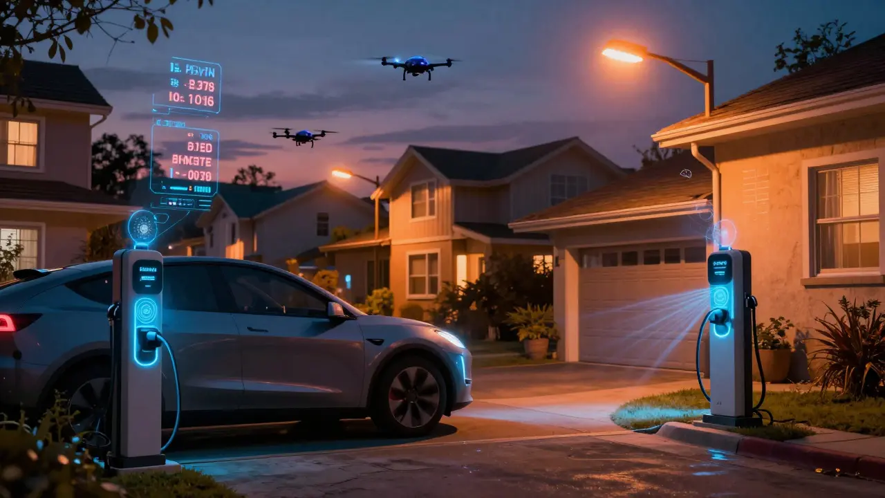 Electric car charging in a neighborhood with smart home sensors.