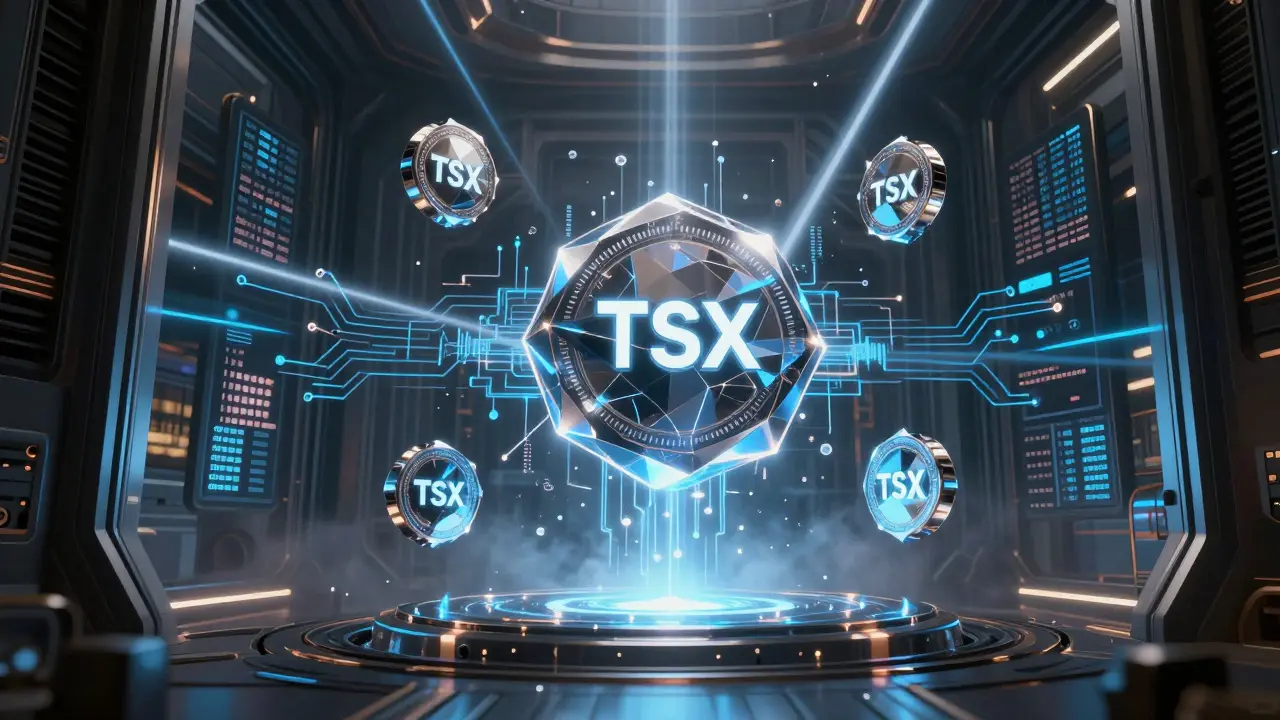Floating glowing TSX tokens in a futuristic digital vault with data streams