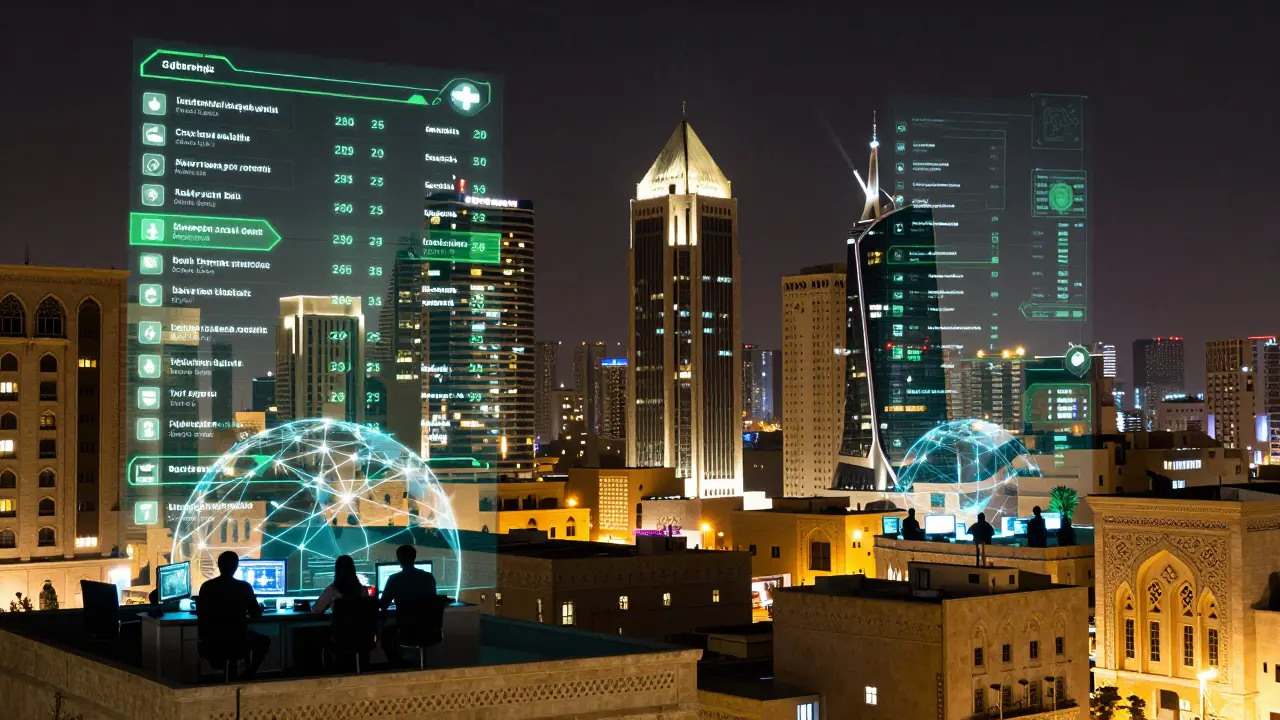 Futuristic Amman skyline with seamless legal crypto transaction overlays