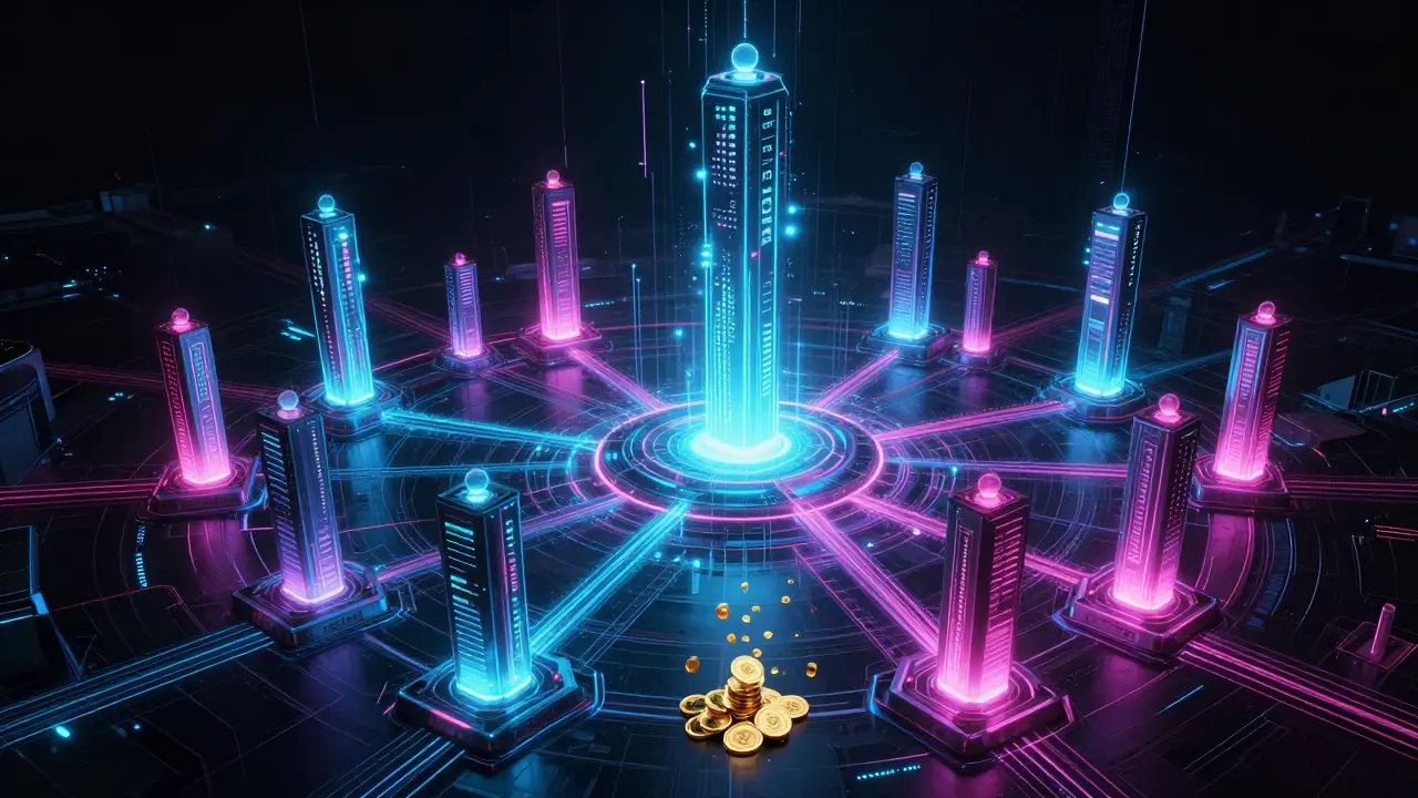 Futuristic blockchain network visualization with glowing data streams and floating coins
