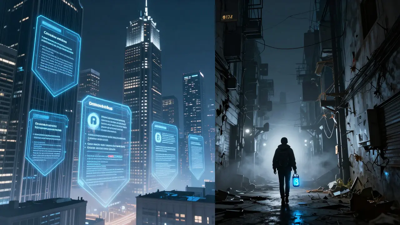 Futuristic contrast between secure regulated exchanges and dangerous unregulated crypto shadows.