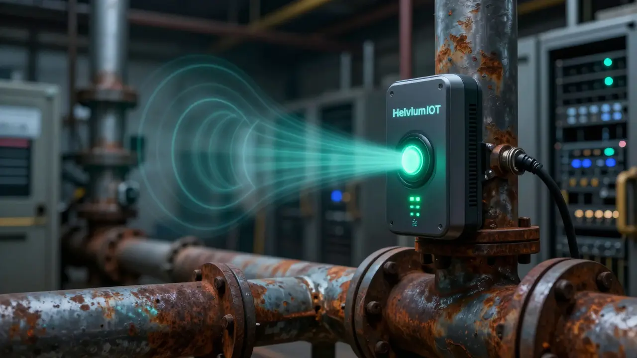 Futuristic IoT sensor on industrial pipe emitting data waves in cyberpunk style