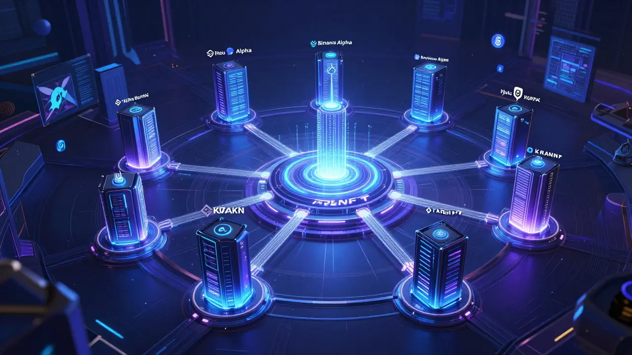 Futuristic network diagram connecting APENFT to major crypto exchanges