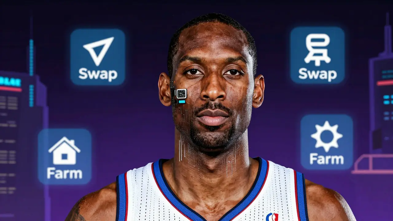 Futuristic portrait of Tracy McGrady merged with blockchain technology visuals, set in a metaverse environment with financial icons.