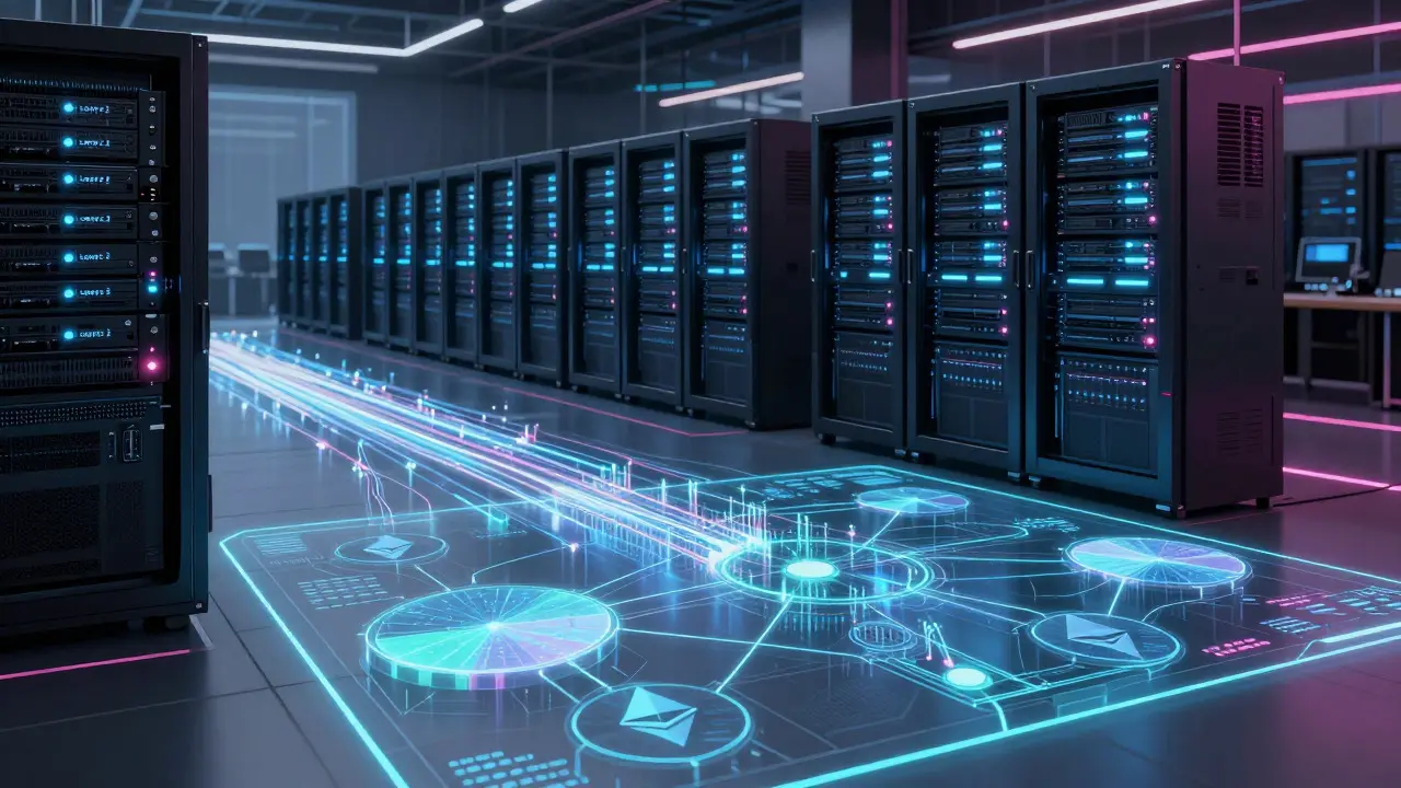 Futuristic server room with holographic cross-chain network map
