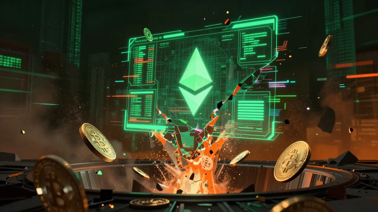 Glitching crypto coins falling into a digital void, representing lost funds and exchange collapse.