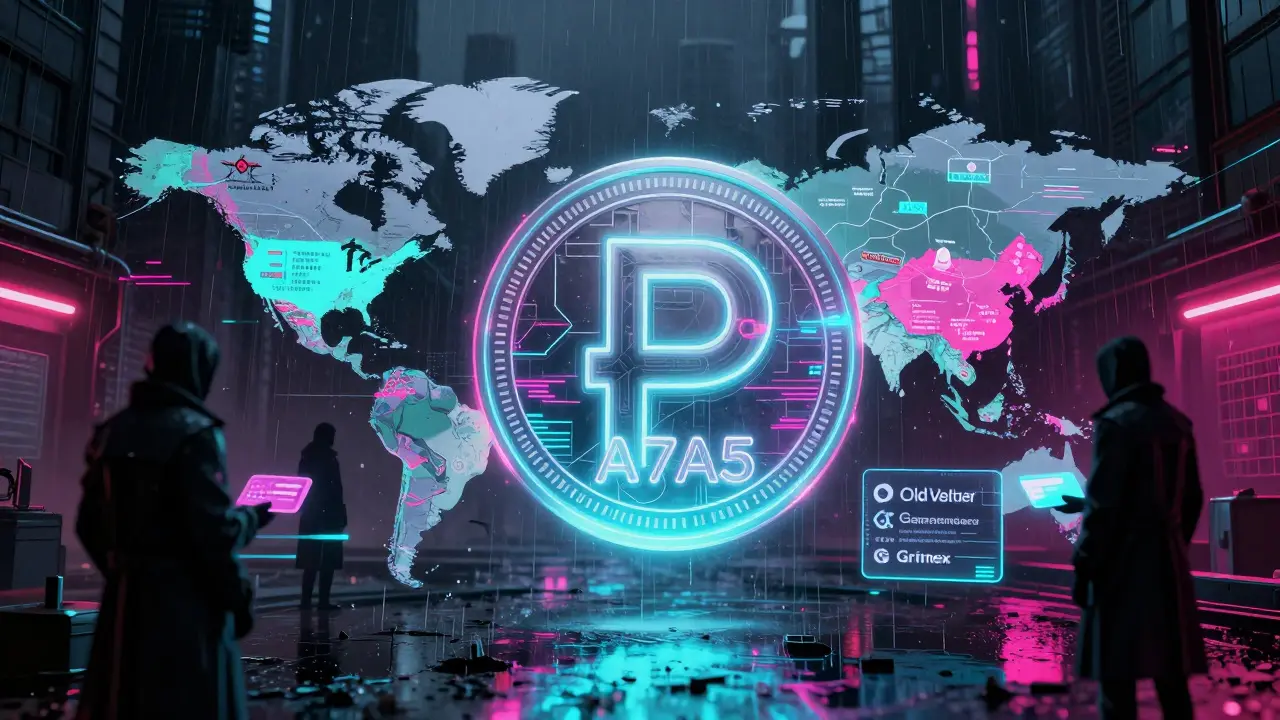 Glowing digital stablecoin token surrounded by shadowy cyber-traders