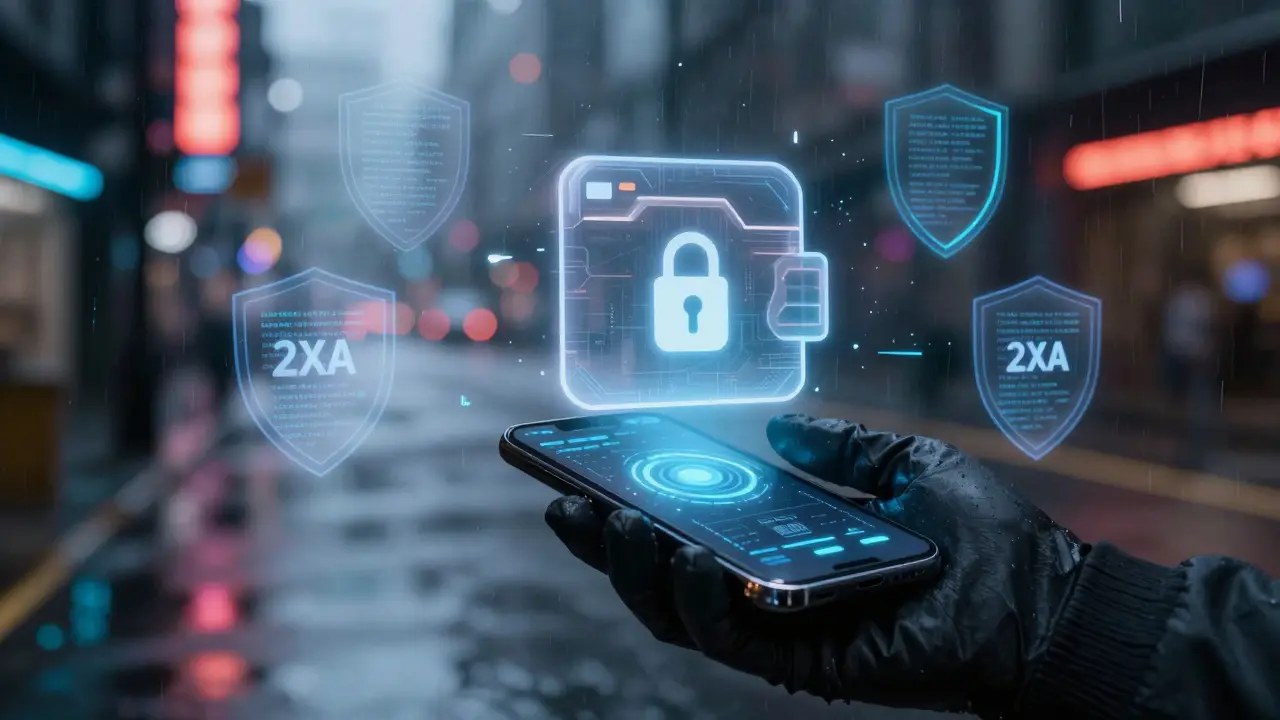 Glowing digital wallet shield protected by code in a rainy cyberpunk street scene.