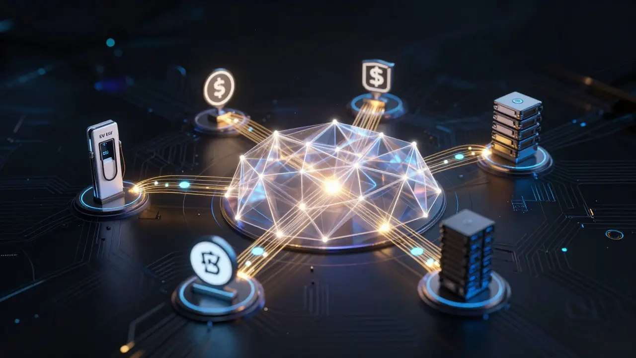 Glowing network connecting EV chargers and servers in cyberspace.