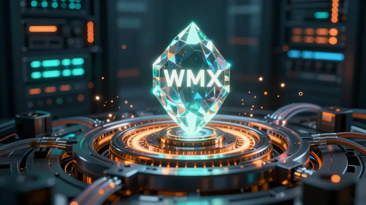 Glowing WMX token crystal inside a complex cyberpunk yield aggregation engine with fiber optics.