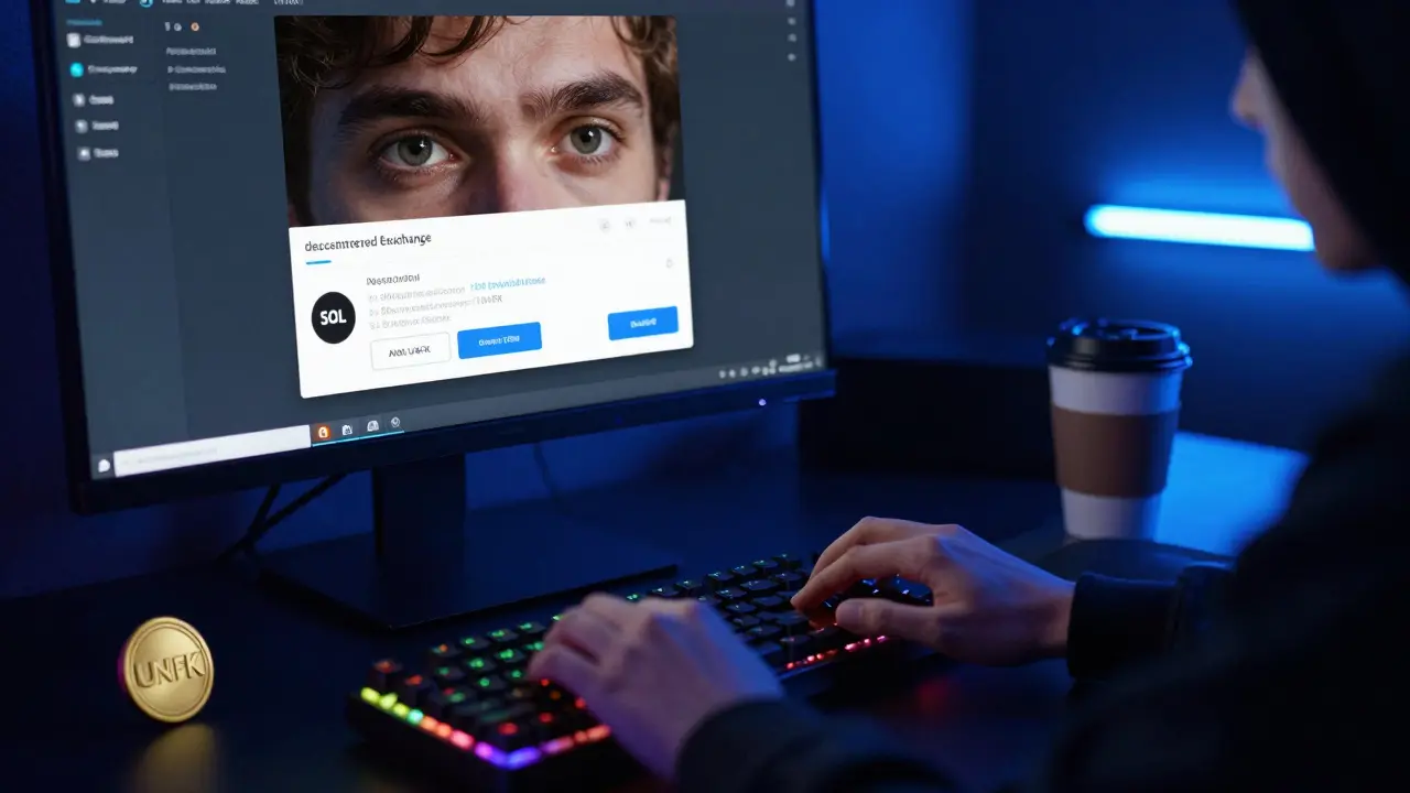 Hacker trading UNFK tokens on a neon-lit computer screen