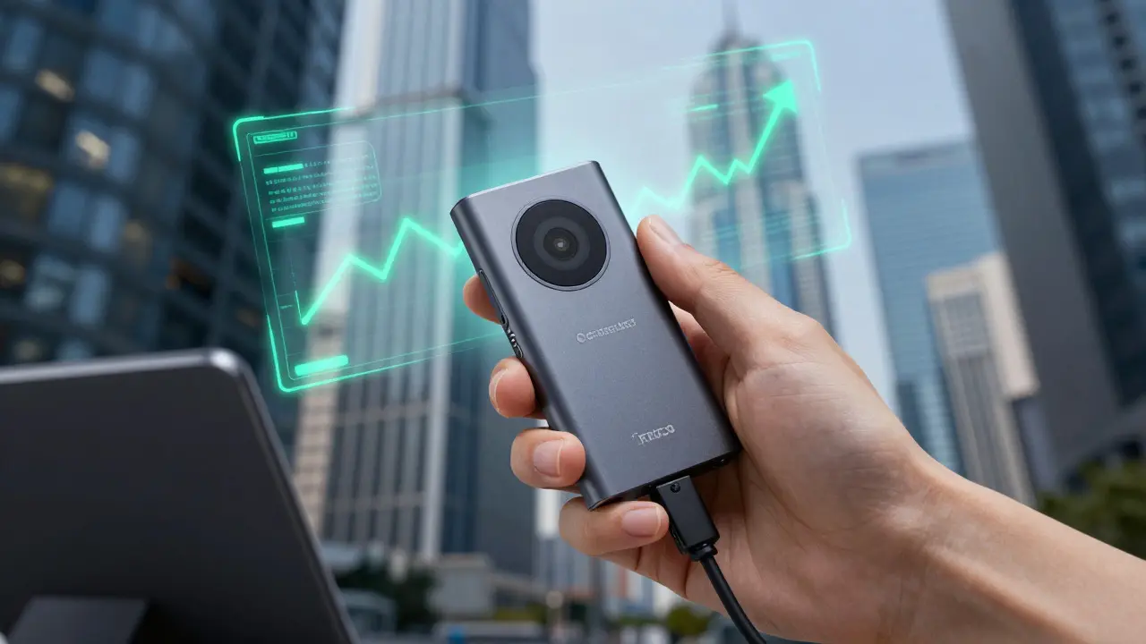 Hand holding hardware wallet for secure crypto storage