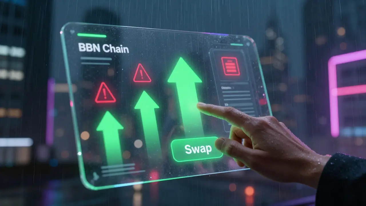 Hand hovering over a crypto swap button in a neon city