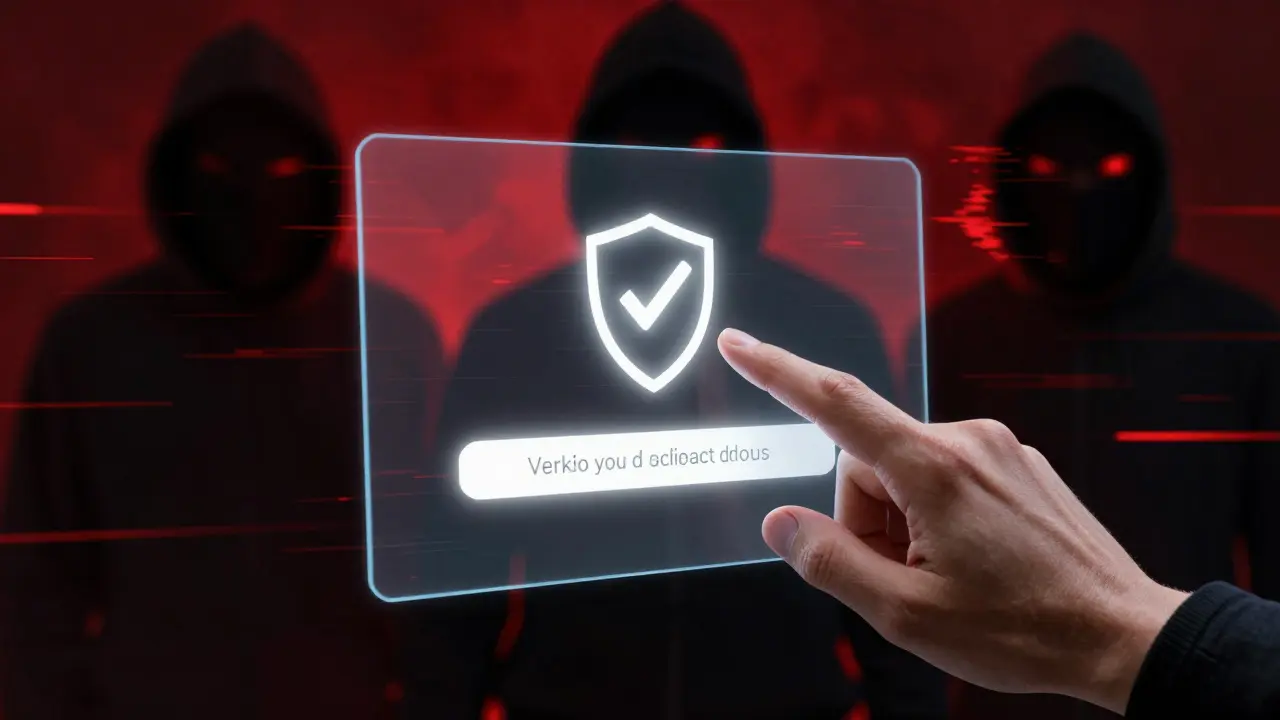 Hand hovering over secure wallet interface with shadowy scammer glitches