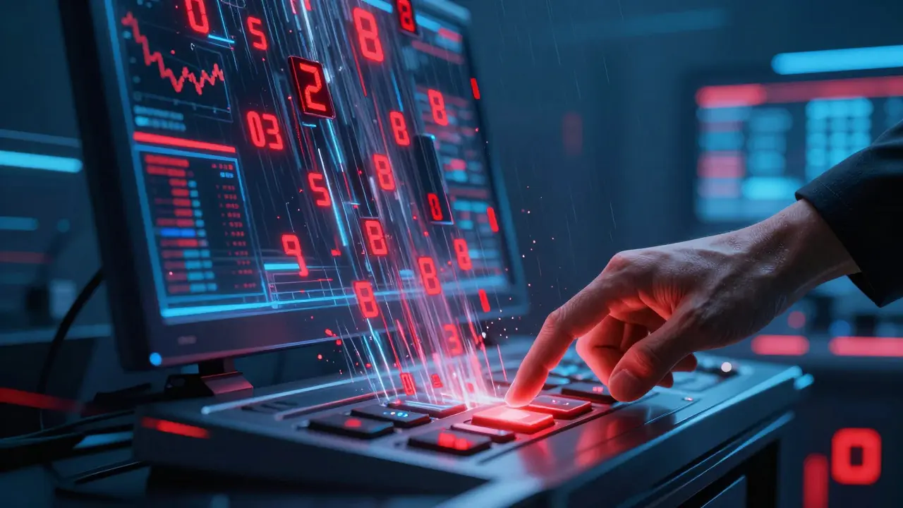 Hand pressing button causing digital market crash in cyberpunk style