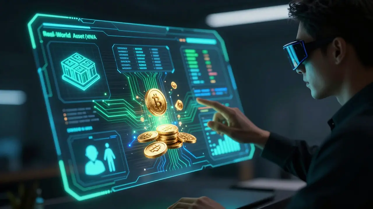 Holographic dashboard showing AI asset tokenization process