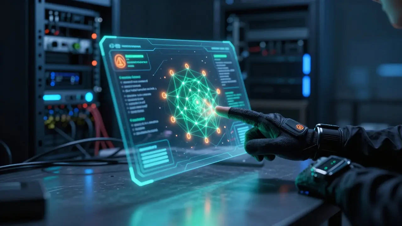 Holographic DEX interface in a cyberpunk hacker den