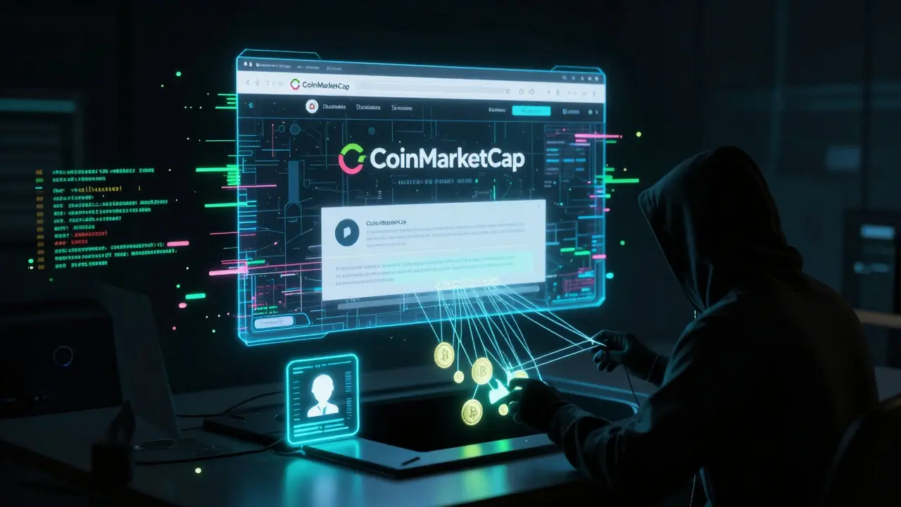 Holographic fake website draining crypto assets into a void in a dark, glitchy cyberpunk scene.
