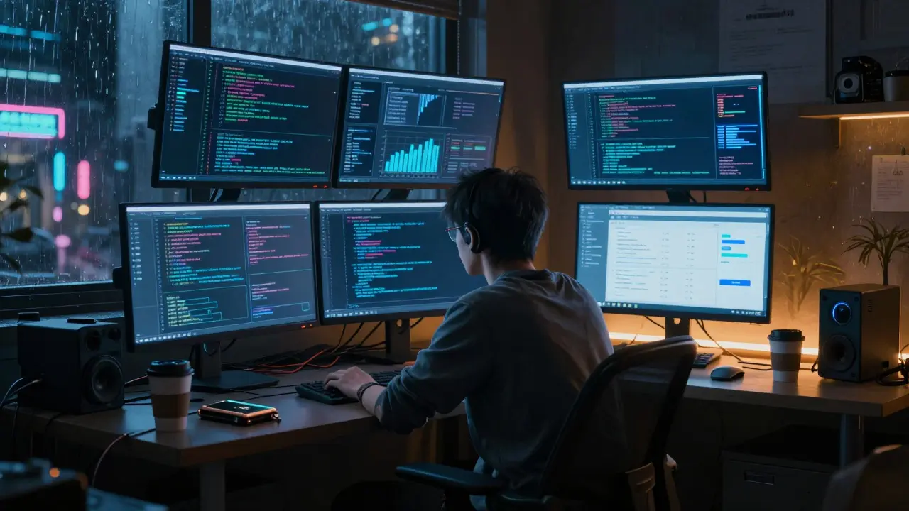 Person working at a multi-monitor setup verifying blockchain data in a neon-lit room