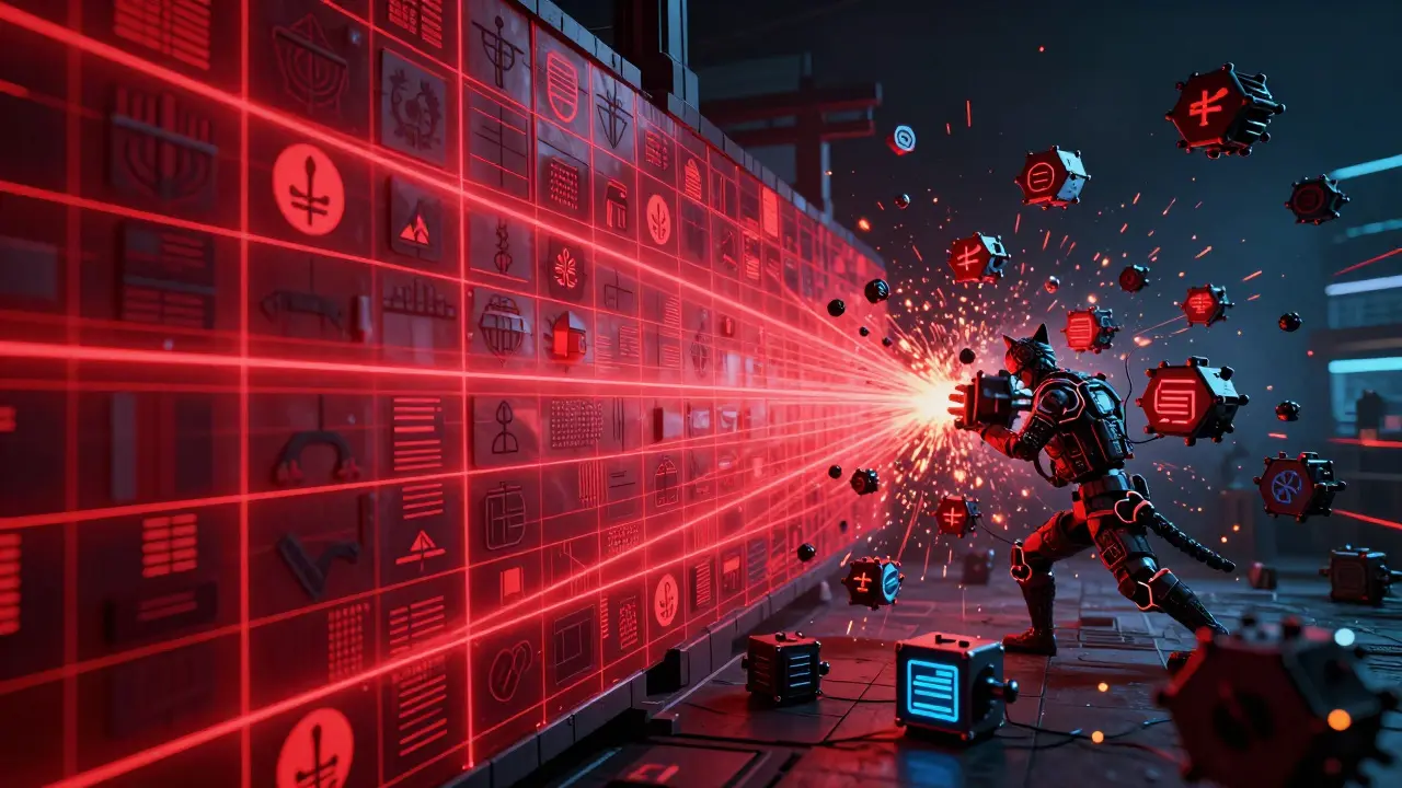 Red laser security walls clashing with fragmented crypto data nodes