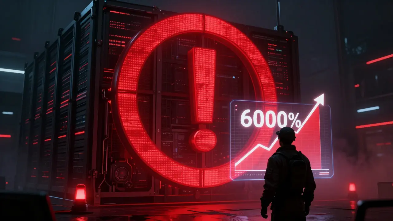 Red warning overlay on data center showing tax hike graph
