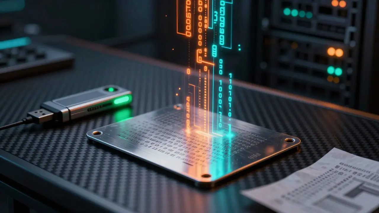 Steel seed plate and data streams representing wallet recovery components on a desk