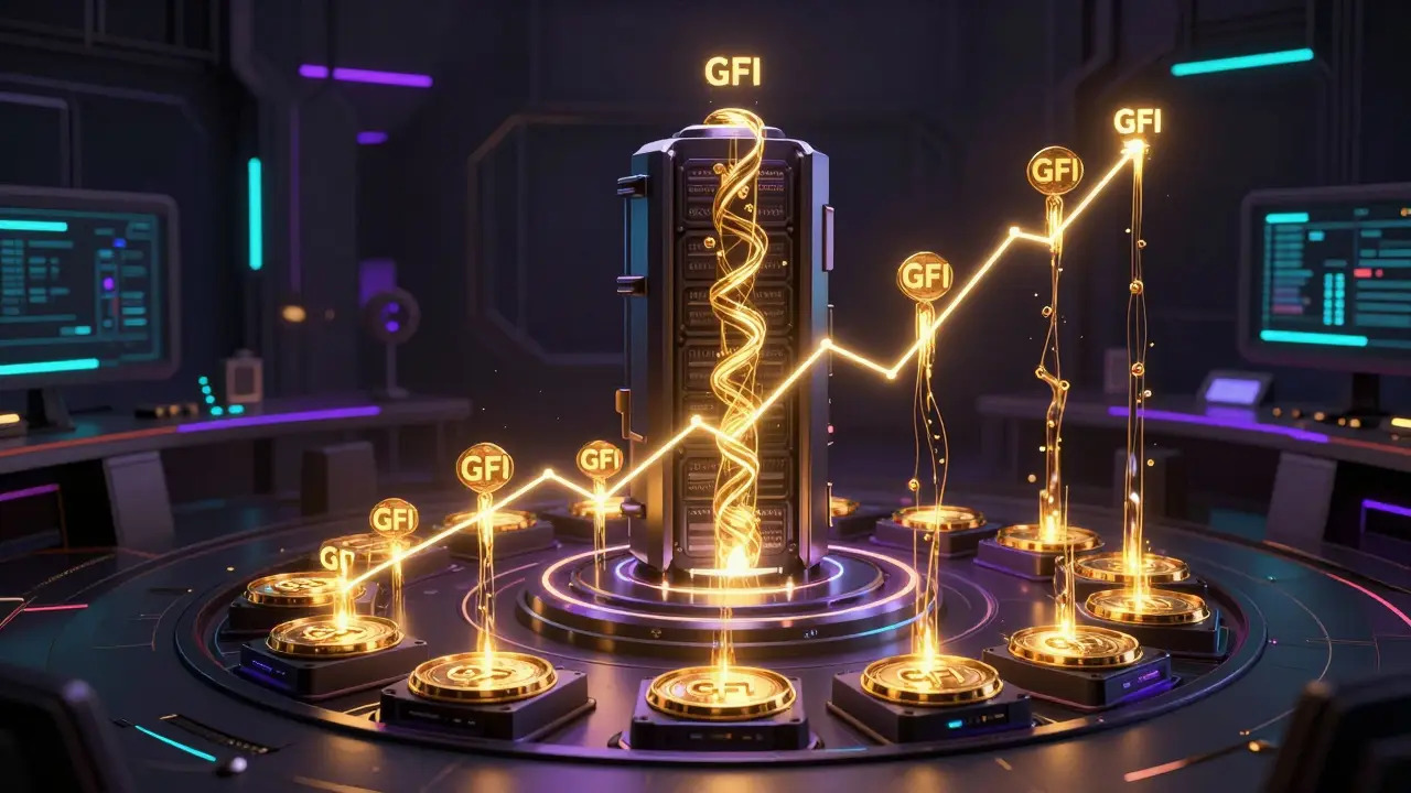 Streams of golden tokens flowing into vaults in a high-tech cyberpunk command center.