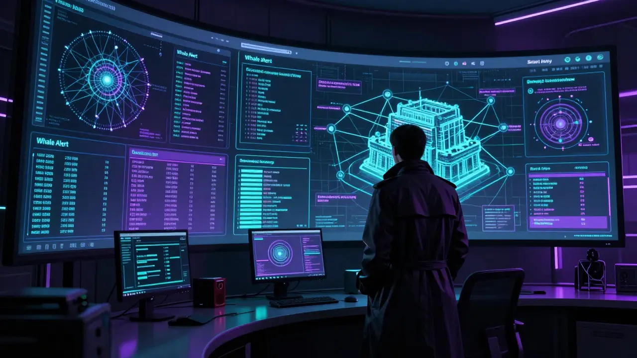 Surveillance room tracking crypto whale movements on holographic screens