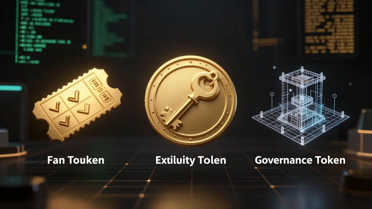 Three types of creator tokens: fan, utility, and governance, in cyberpunk style