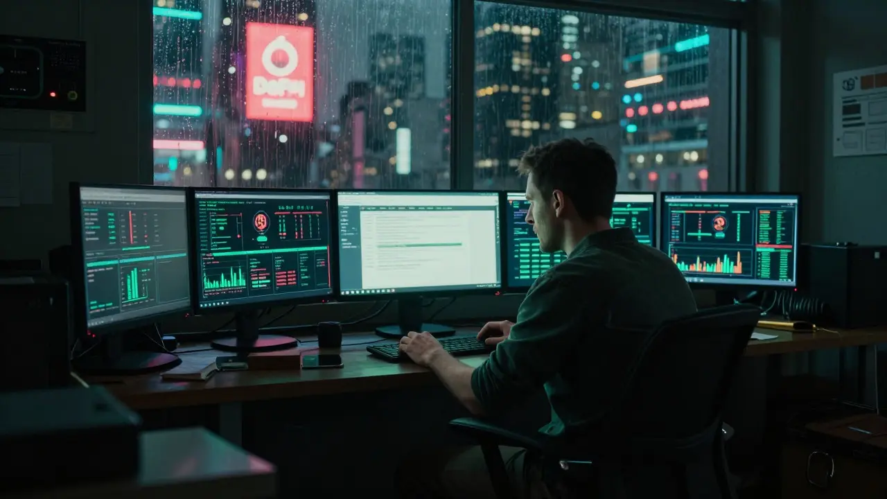 Trader analyzing crypto charts and tax docs in a dark cyberpunk apartment with city views outside.