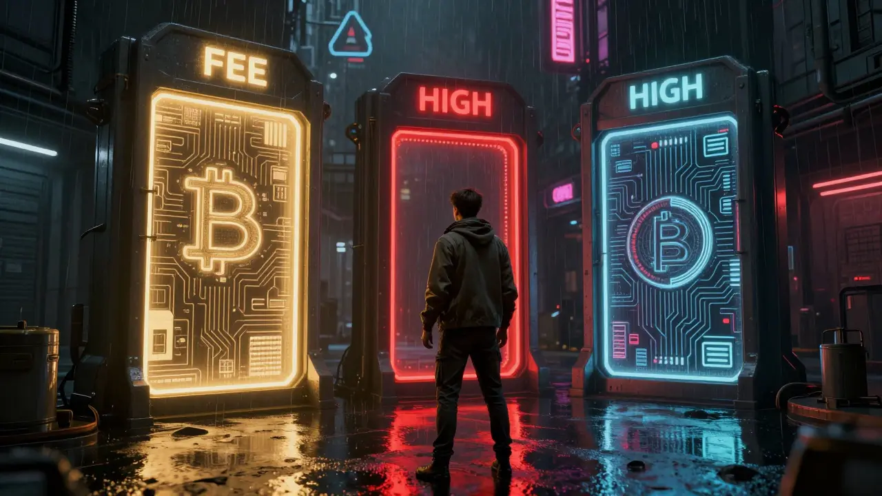 Trader facing glowing digital gates symbolizing crypto exchange fee structures