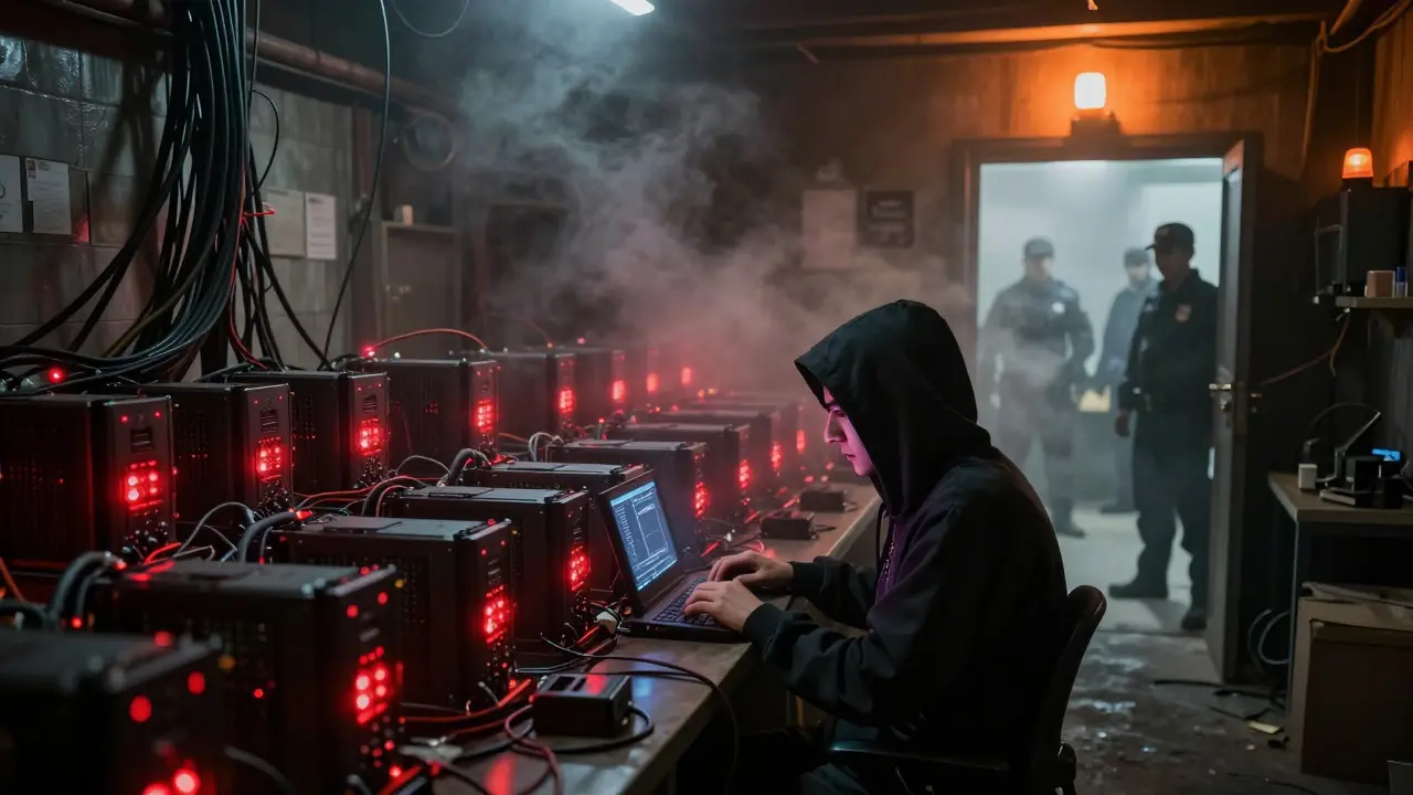 Underground cyberpunk crypto mine with miners hiding from authorities