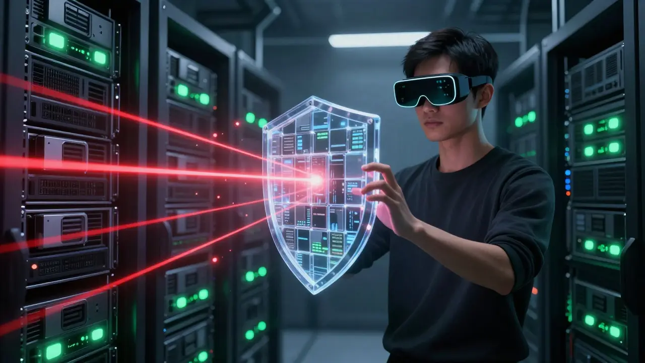 User protecting hardware wallets with a blockchain shield against red attack lasers in a server room.