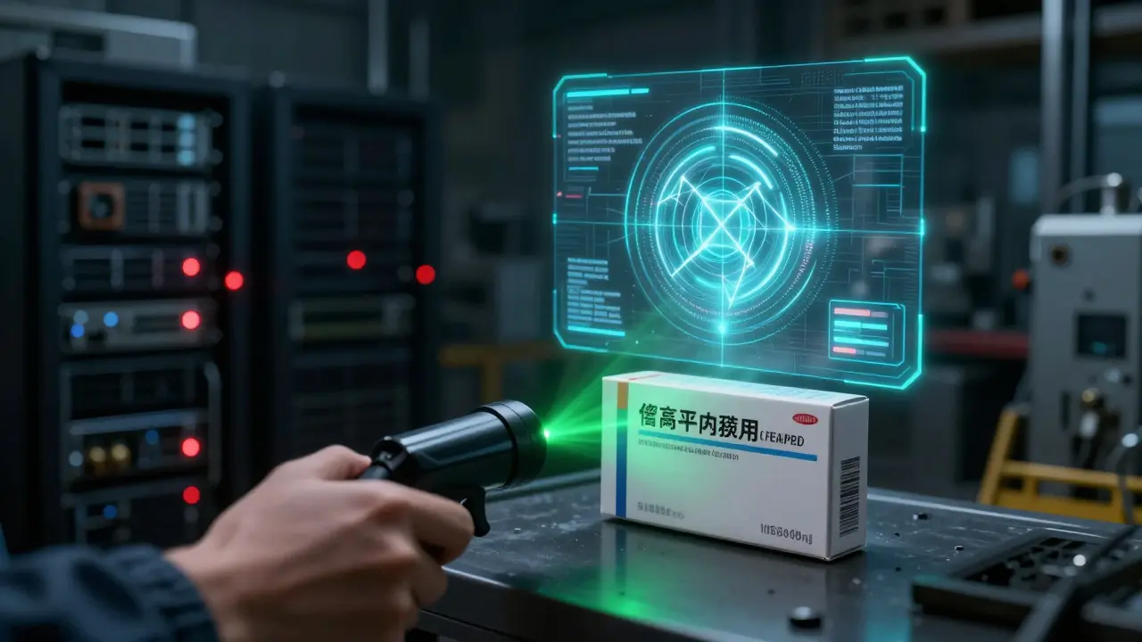 Worker scanning medicine package with holographic provenance display