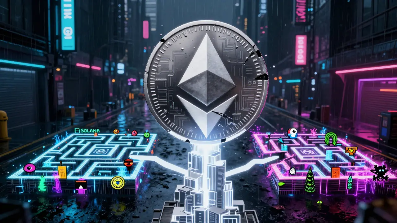 A fragmented digital coin splitting into different cyberpunk pathways