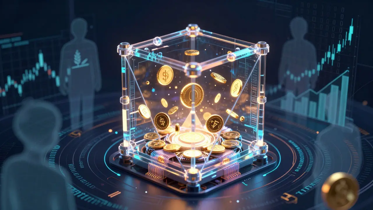 Abstract visualization of DeFi protocol converting real assets to crypto tokens