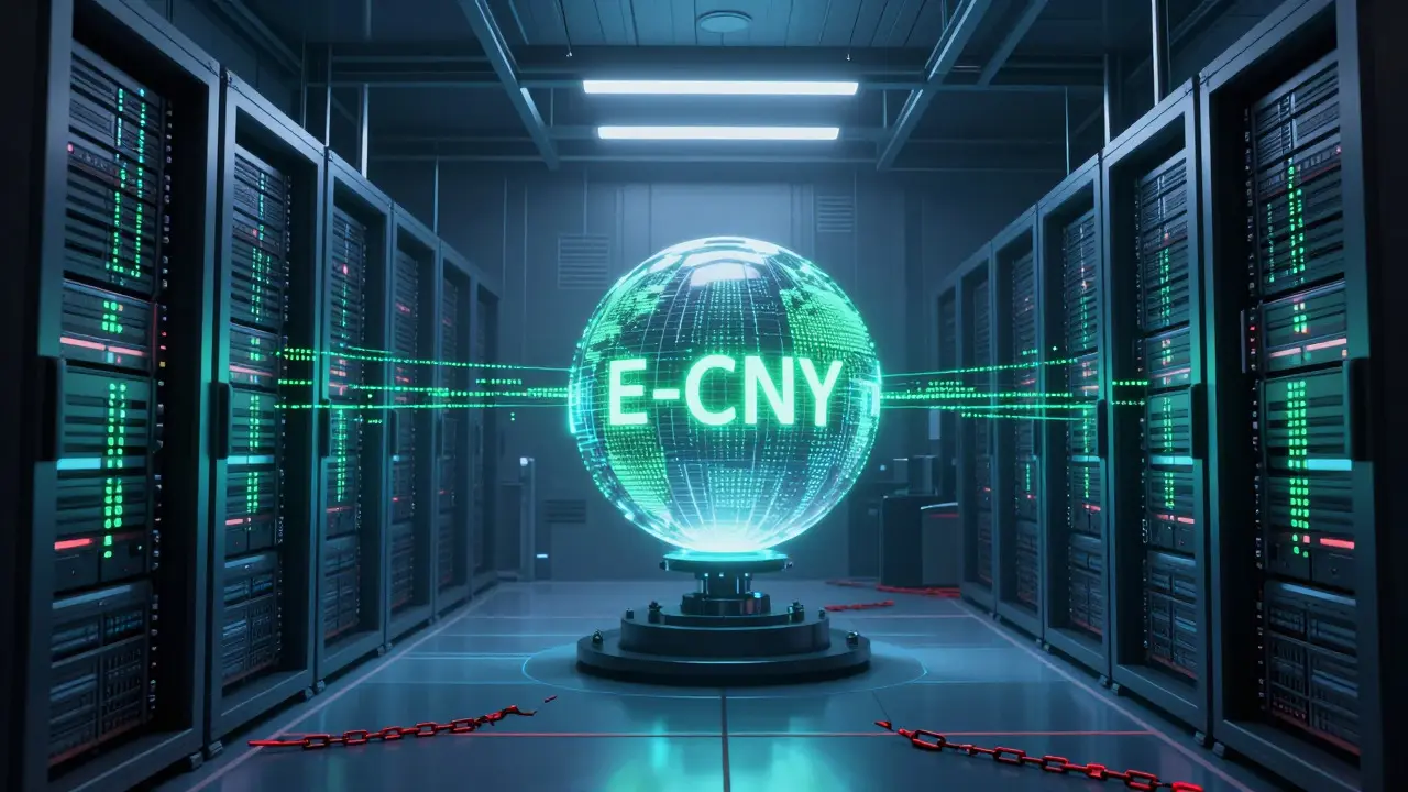 Centralized e-CNY server room with glowing digital yuan orb in cyberpunk style